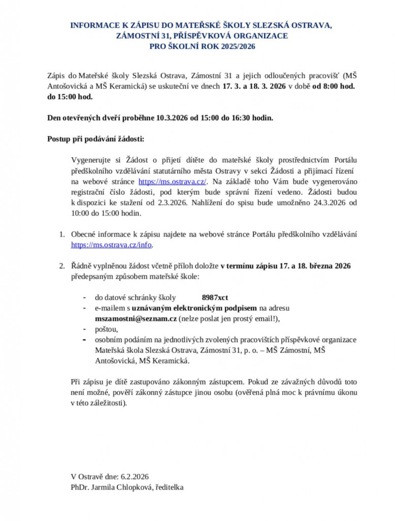Informace k zápisu do MŠ