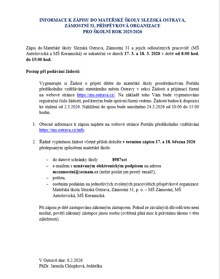 INFRORMACE K ZÁPISU